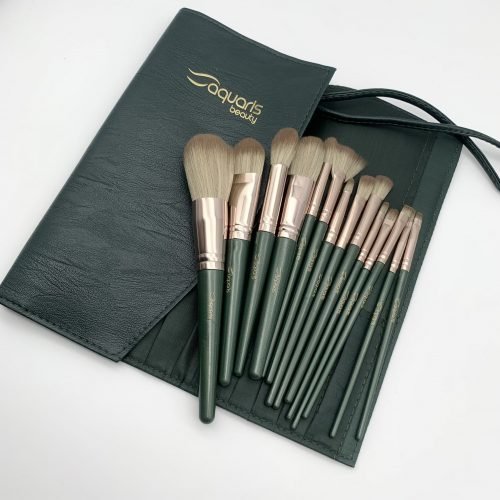 14 Piece MakeUp Brush Set - YARA Collection by Aquaris Beauty (Gold - Dark Green)